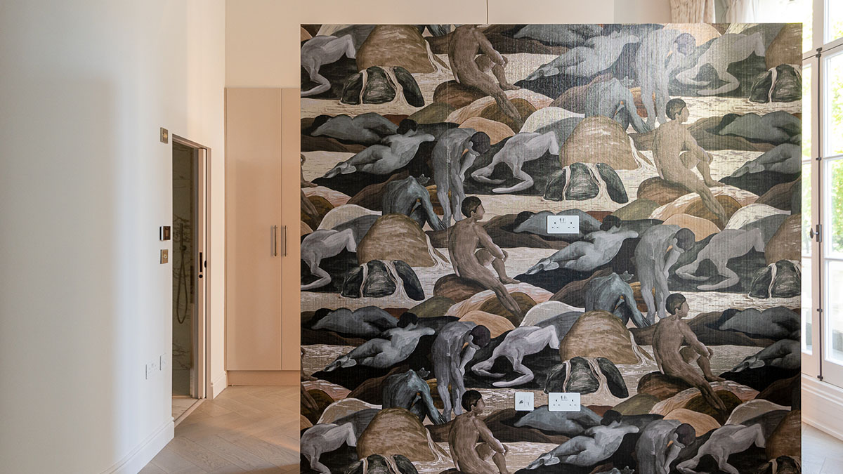 London Flat Interior Design - Captivating Feature Wall Striking patterned feature wall in a London flat's hallway, showcasing unique interior design elements for high rental appeal