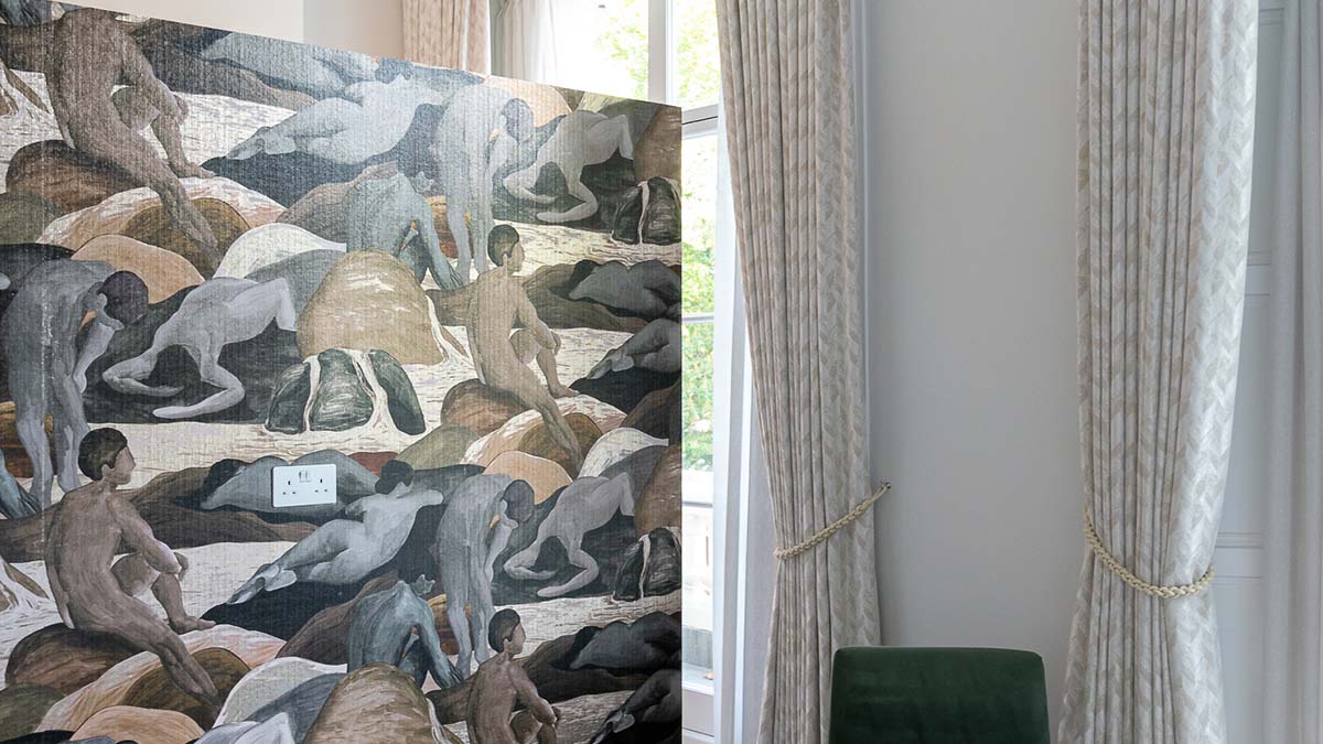 London Flat Interior - Texture and Drapery Close-up of a unique patterned wall texture next to elegant drapes and curtains in a sophisticated London flat interior